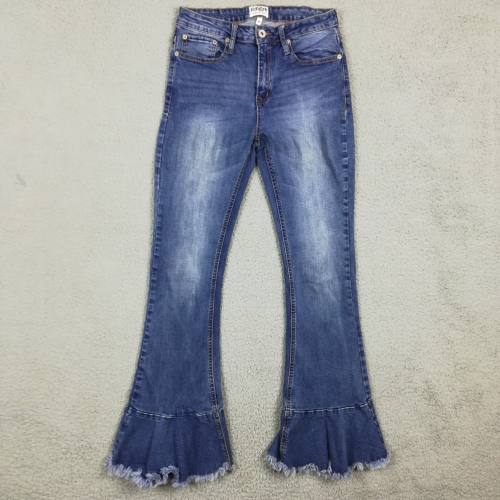 Umgee Womens Jeans Flare Ruffle Hem Blue Denim Medium Wash Mid Rise 29